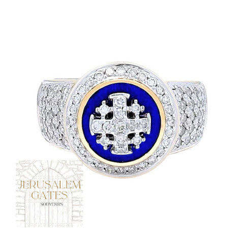 14K Gold Enamel and Diamond Paved Jerusalem Cross Ring